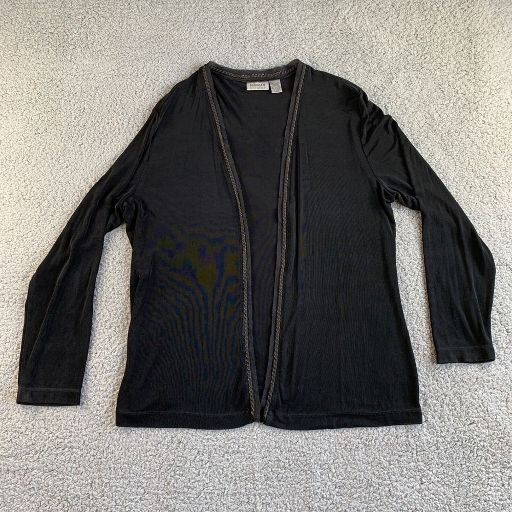 Chicos Travelers Open Cardigan Top Womens 2 Large Slinky Embellished Black NEW